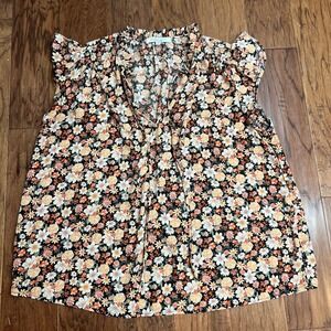 Black Floral Print Flutter Sleeve V Neck Tie Neck Blouse Top Women's S